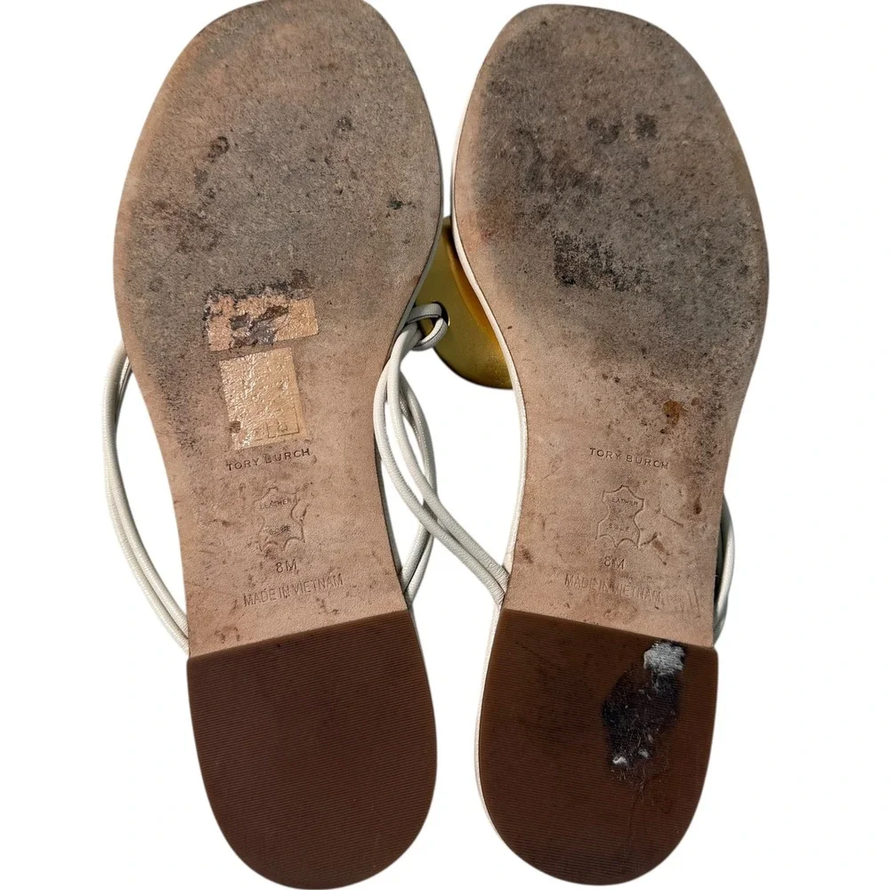 Tory Burch Patos Disk Leather Sandal Ivory Leather Gold Logo White Thong Size 8M
